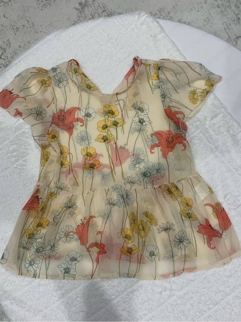 Girls Cream Floral Chiffon Peplum Dress with Coral & Yellow Flowers